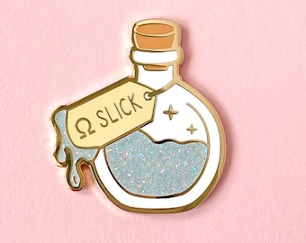 Omega Slick Bottle Glitter Hard Enamel Pin / funny, omegaverse, A/B/O, adult, lapel pin, badge, gold