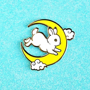 Leaping Moon Bunny Hard Enamel Pin / rabbit, year of the rabbit, clouds lapel pin, badge, gold