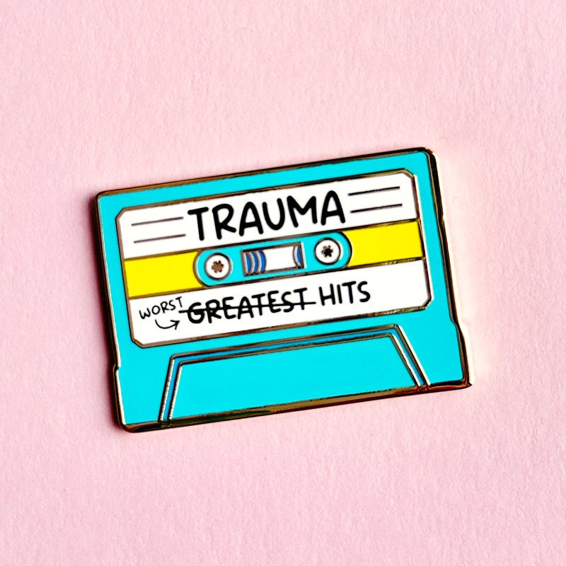 Trauma Greatest Hits Hard Enamel Pin / cassette tape, music, mix tape, funny, lapel pin, badge, gold