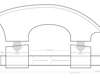 Op de afbeelding: Lijntekening van een mesbladontwerp met afmetingen in inches en millimeters. Het blad is gebogen en heeft een handvat met een 3D-geprinte flens. Het ontwerp omvat een 2 mm dik schuim dat om een ​​pen is gewikkeld en een pen van 1,25 inch.