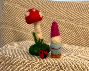 Gnome, toadstool, and lady bug Toy Play Set, Needle felted, All Wool