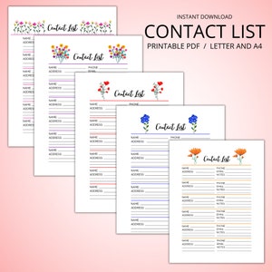 Druckbare Kontaktliste, Adressbuch Vorlage, Florale Kontakte Log, Telefonbuch Blatt, Druckbare Planer Seite, SOFORTIGER DOWNLOAD