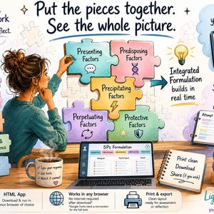 May include: An illustrated graphic with the text "Put the pieces together. See the whole picture." A person is assembling puzzle pieces labeled with psychological terms. A laptop, books, and a coffee mug are also present. The image promotes a 5Ps framework.