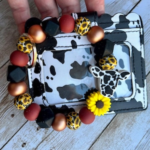 Cartera de pulsera de vaca / Conjunto de cartera con estampado de vaca / Llavero de pulsera de girasol de vaca