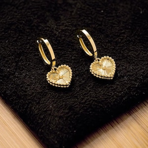 14K Solid Gold Dangle Sparkly Heart Huggie Hoop Earrings, Heart Charm Earrings, Real Gold Huggies Women, Gift for her