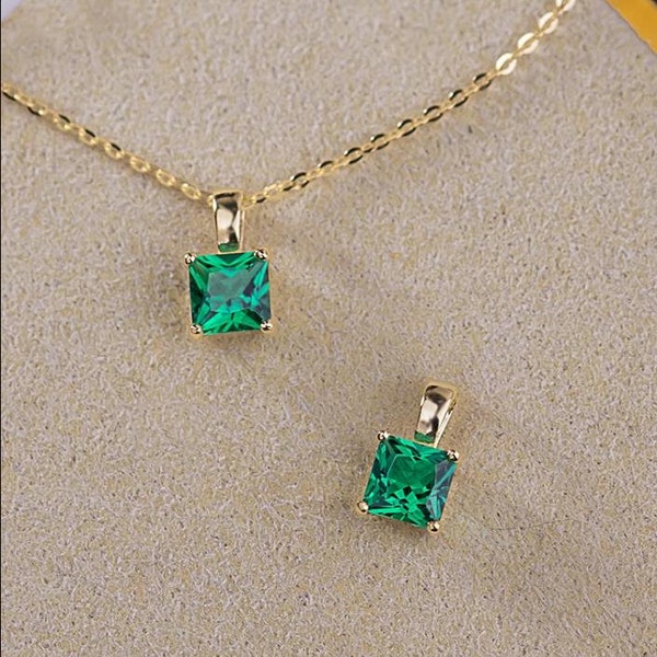 9K 10K 14K 18K Solid Gold Emerald Green Gemstone Pendant Dainty Small Necklace Charm, Lab Create Emerald Gemstone Pendant Pendant Charm