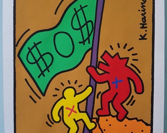 Dibujo de Keith Haring. Acuarela sobre papel. Arte pop. Hecho a mano. Arte vintage. Pintura en acuarela. Decoración para el hogar. Póster de dólar. Arte mural.