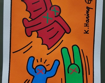 Keith Haring drawing. Watercolor on paper. Pop Art. Handmade. Vintage. Art. Watercolor Painting. Home Office Decor. Orange Poster. Wall Art