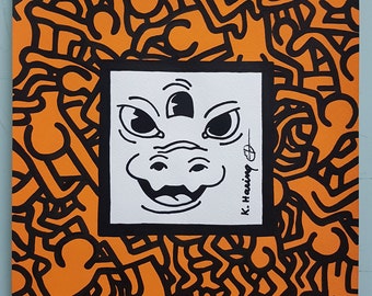 Keith Haring drawing. Watercolor on paper. Pop Art. Handmade. Vintage. Art. Watercolor Painting. Home Office Decor. Orange Poster. Wall Art