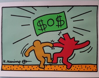 Dibujo de Keith Haring. Acuarela sobre papel. Arte pop. Hecho a mano. Arte vintage. Pintura en acuarela. Decoración para el hogar, oficina, póster turquesa, arte mural.