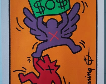 Keith Haring drawing. Watercolor on paper. Pop Art. Handmade. Vintage. Art. Watercolor Painting. Home Office Decor. Orange Poster. Wall Art