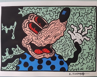 Dibujo de Keith Haring. Acuarela sobre papel. Arte pop. Hecho a mano. Arte vintage. Pintura en acuarela. Decoración para el hogar, oficina, póster turquesa, arte mural.