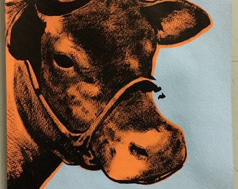 Andy Warhol. Cow. Watercolor on paper. Pop Art. Handmade. Vintage. Art. Watercolor Painting. Home Office Decor. Red Poster. Blue Wall Art