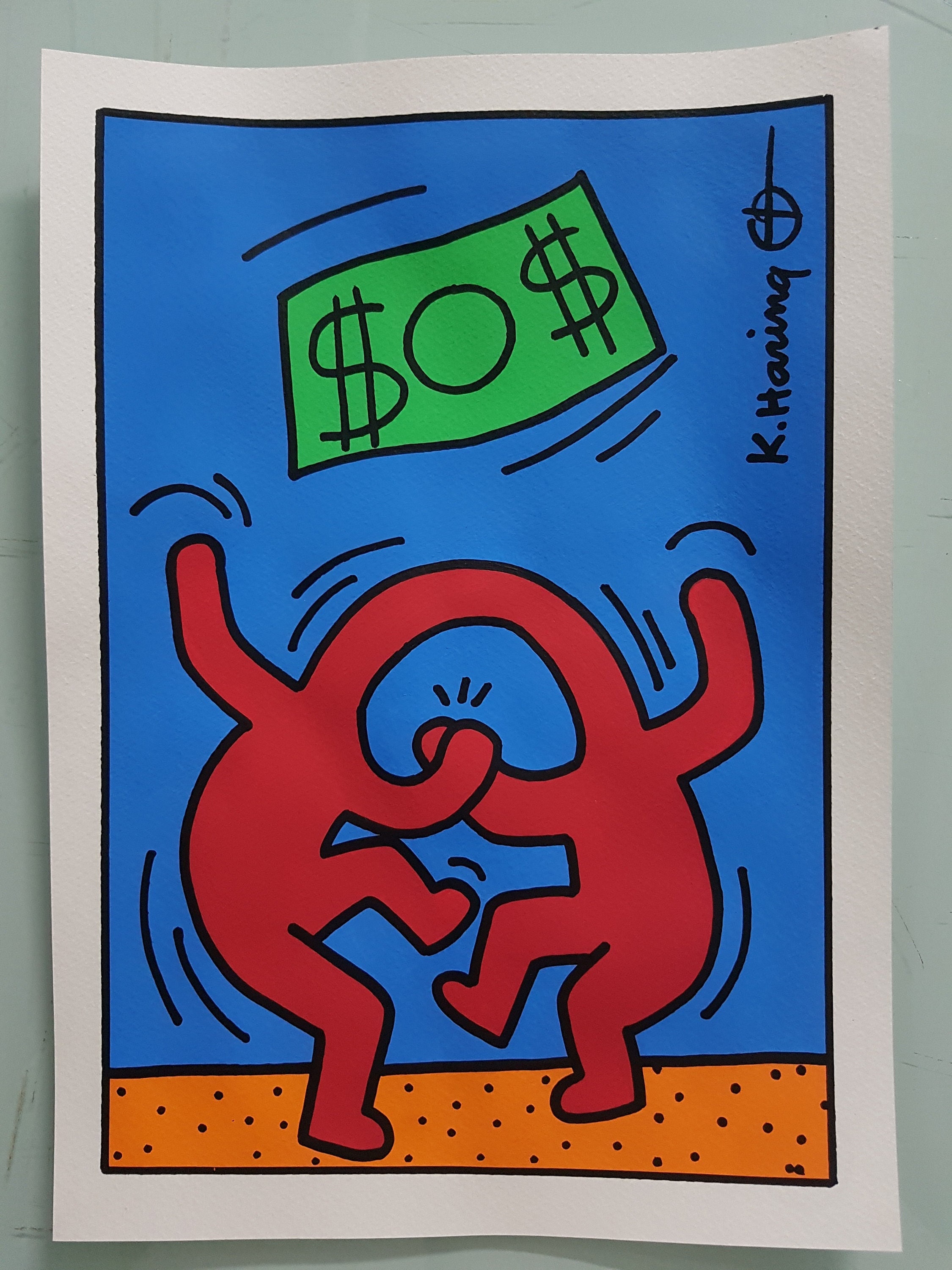 キース・ヘリングの絵。紙に水彩画。ポップアート。ハンドメイド