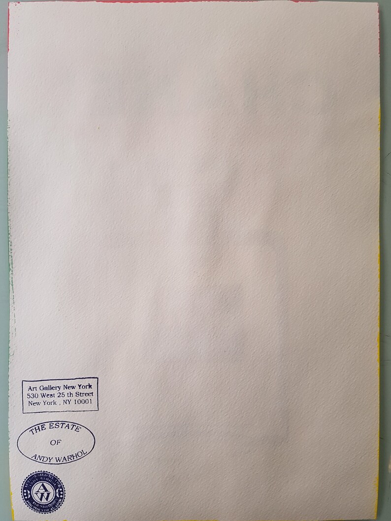 May include: A white paper with a blue stamp that reads "The Estate of Andy Warhol" and a smaller blue stamp that reads "Art Gallery New York 530 West 25th Street New York, NY 10001".