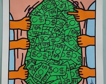 Dibujo de Keith Haring. Acuarela sobre papel. Arte pop. Hecho a mano. Arte vintage. Pintura en acuarela. Decoración para el hogar. Póster de dólar. Arte mural.