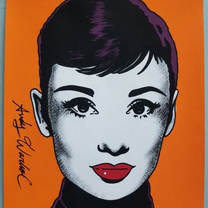 Andy Warhol. Audrey Hepburn. Acquerello su carta. Pop Art. Fatto a mano. Vintage. Arte. Pittura ad acquerello. Decorazione per la casa e l'ufficio Poster arancione da parete