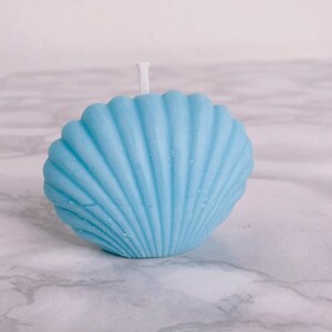 Può includere: Una candela a forma di conchiglia di colore azzurro chiaro con uno stoppino bianco.
