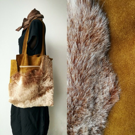 Suede and Fur Tote Bag in Vintage Western Style, Extravagant Bag