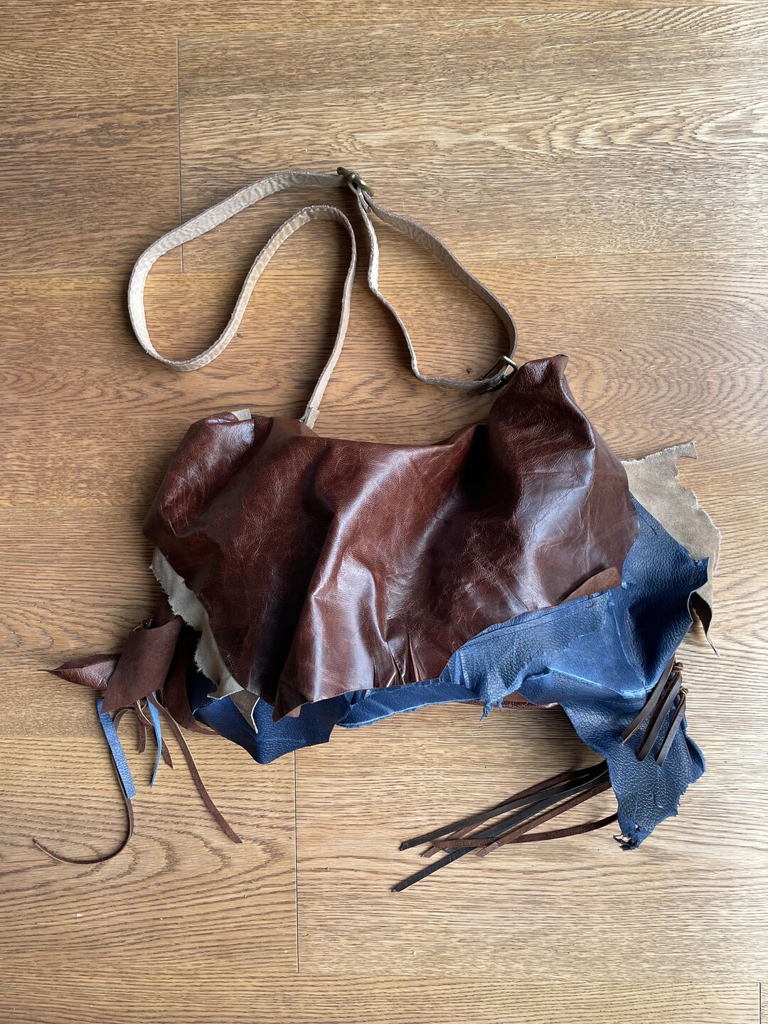 Original Chestnut Brown, Taupe and Blue Leather Bag With Fringes for ...