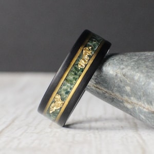 Moss Agate Ring, Gold Leaf and Moss Agate Ring, Tungsten Ring for Men, Moss Agate Ring with Gold, Promise Ring, Anniversary Ring, Green Ring