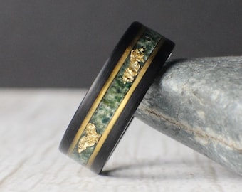 Moss Agate Ring, Gold Leaf and Moss Agate Ring, Tungsten Ring for Men, Moss Agate Ring with Gold, Promise Ring, Anniversary Ring, Green Ring