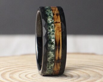 Moss Agate Ring with Burnt Whiskey Barrel, Hammered Wedding Ring, Whiskey barrel ring with moss agate, Moss Agate Wedding Band, Promise Ring