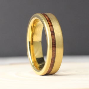 Gold Tungsten Wedding Band with Offset Koa Wood Inlay – 6mm Wide Brushed Ring, Durable Men&#39;s Ring, Hawaiian Wood, Comfort Fit Band