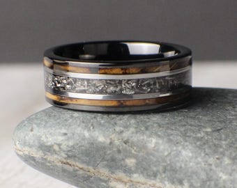 Charred Whiskey Wood Ring with Meteorite, Meteorite Ring, Tungsten wedding ring, Meteorite Wedding Band, Promise Ring, Anniversary Ring