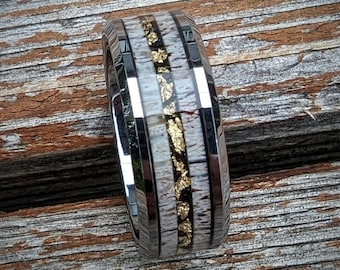 Elk Antler Tungsten Wedding Band, Gold Leaf Inlay, 8mm
