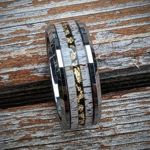 Men&#39;s Wedding Band, Antler Wedding Ring with Gold Leaf Center Line, Antler Ring, Tungsten Ring for Men, Men&#39;s Wedding Ring, Anniversary Ring
