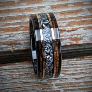 Burnt Whiskey Barrel Ring with Meteorite, Meteorite wedding ring, Whisky barrel band, Unique Wedding band, Men's wedding band meteorite