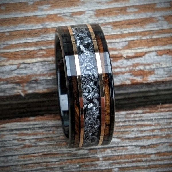 Burnt Whiskey Barrel Ring with Meteorite, Meteorite wedding ring, Whisky barrel band, Unique Wedding band, Men's wedding band meteorite