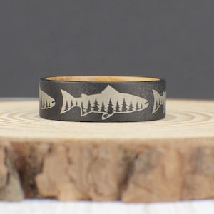 Fishing Ring, Engraved Fish and Tree Ring, Whiskey barrel ring with fish, Fishing gift for men, Father's Day Gift, Fish Jewelry, Tungsten