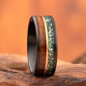Koa Wood Ring, Moss Agate Ring with Wood, Brushed Men's Ring, Men's Wedding Ring, Men's Promise Ring, Men's Anniversary Ring, Ring for Men