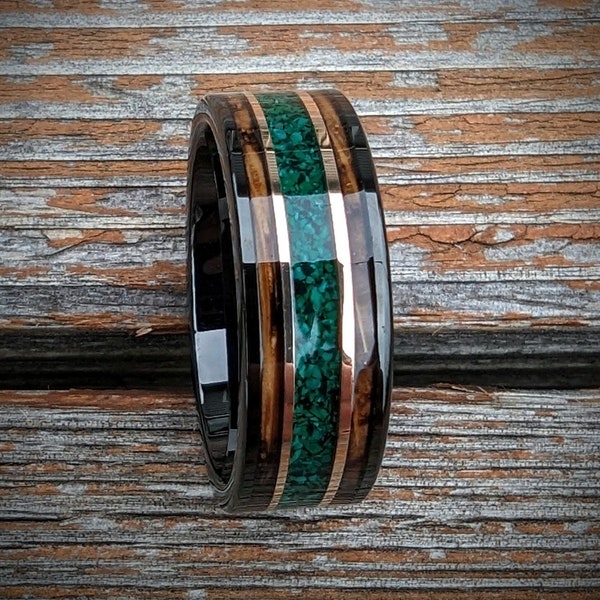 Malachite Ring with burnt Whiskey Barrel wood, Whiskey Barrel wedding ring, Whisky barrel band, Unique Wedding band, Men's wedding band