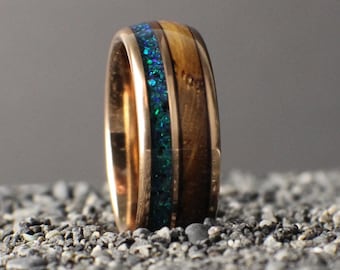 Emerald Opal Ring, Whiskey Barrel ring for men, Men's Opal Ring, Emerald Ring, Rose Gold Ring, Tungsten Ring, Wedding Band, Promise Ring