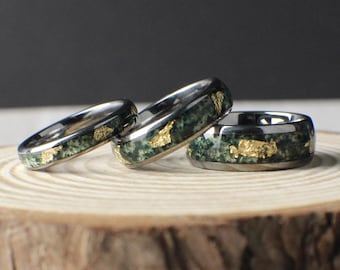 Moss Agate Ring with Gold Leaf, Moss Agate Jewelry, Moss Agate Wedding Band, Gold Leaf Ring, Tungsten Ring, 6mm wide Ring, Anniversary Ring