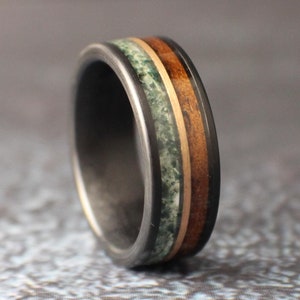 Men's Moss Agate & Koa Wood Ring with Rose Gold | 8mm Brushed Tungsten Wedding Band | Nature Inspired Ring for Him