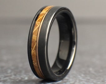 Whiskey Wood Ring, Skinny Ring for Men, Men's Wedding Band, Rose Gold Ring