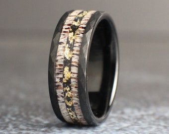 Men's Wedding Band with Elk Antler and Gold Leaf, Elk Antler Wedding Ring, Wedding Ring for Him