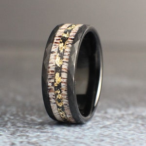 Men&#39;s Wedding Band with Elk Antler and Gold Leaf, Elk Antler Wedding Ring, Wedding Ring for Him