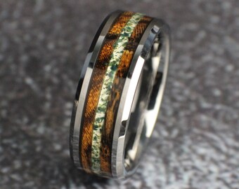 Alianza de boda para hombre con ágata musgosa y madera de bocote, anillo de madera para hombre, anillo de boda de ágata musgosa