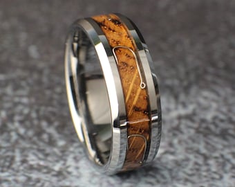 Fishing Ring, Burnt Whiskey Barrel Band, Fishing Hook Wedding Band