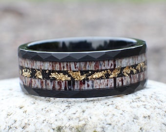 Elk Antler Ring with Gold Leaf, Hammered Wedding Ring, Elk Antler Wedding Band, Wedding Ring for Him, Unique Wedding Band