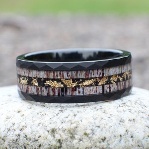 Elk Antler Ring with Gold Leaf, Hammered Wedding Ring, Elk Antler Wedding Band, Wedding Ring for Him, Unique Wedding Band