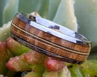 Guitar String and Whiskey Barrel Wedding Ring, Musician ring, Wooden Ring, Guitar String Ring, Men's Ring, Promise Ring, Guitar Men's Ring