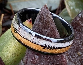 Whiskey Barrel and Antler Arrow Wedding Ring, Bow Hunter Ring