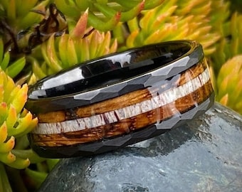 Antler and Burnt Whiskey Barrel in a Hammered Tungsten Core, Whiskey Barrel Ring, Wooden Ring. Wedding Ring, Promise Ring, Anniversary Ring