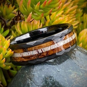 Antler and Burnt Whiskey Barrel in a Hammered Tungsten Core, Whiskey Barrel Ring, Wooden Ring